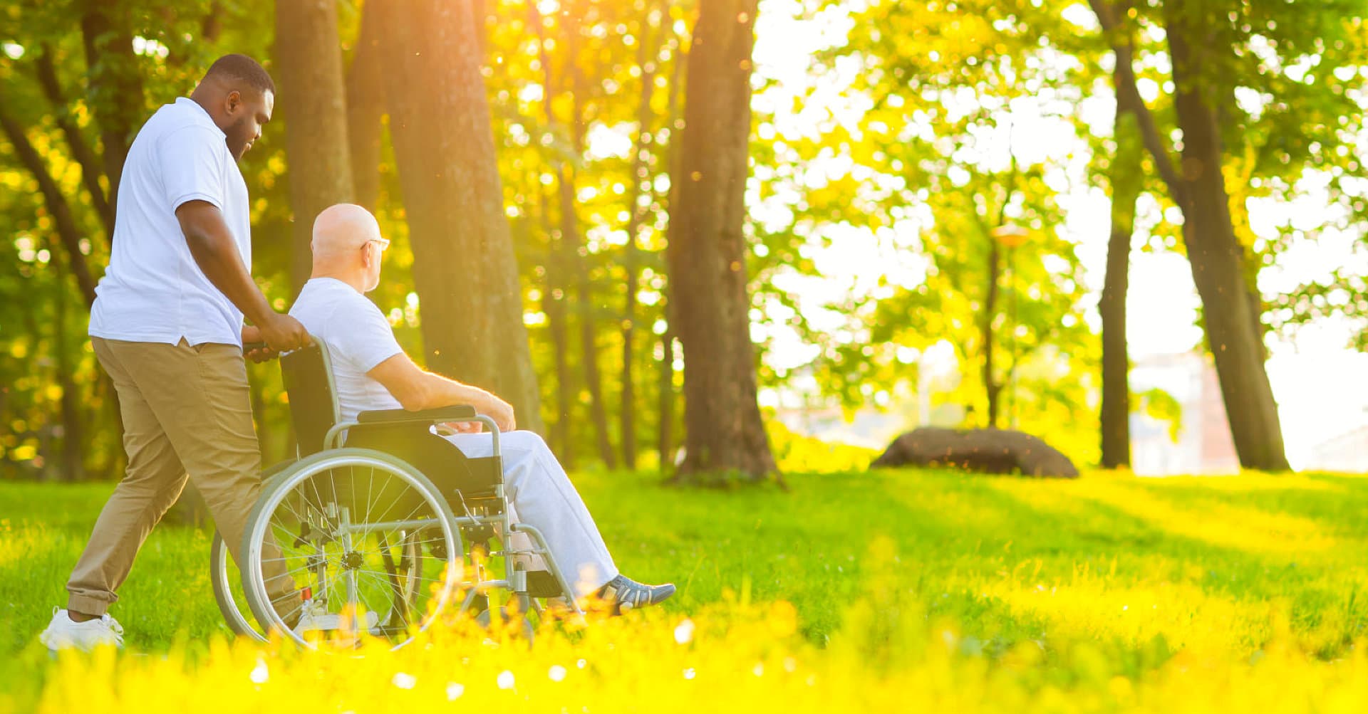 carer and senior man in a wheelchair outdoors